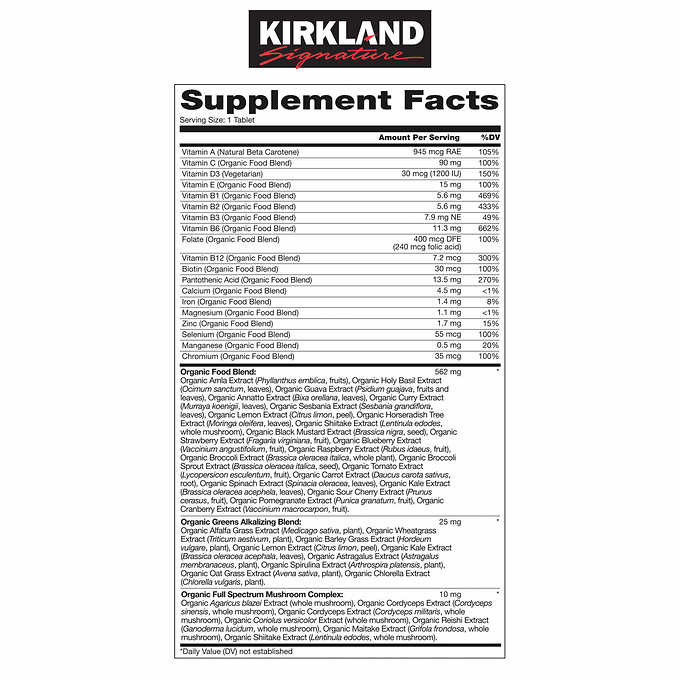 Kirkland Signature USDA Organic Multivitamin, 80 Coated Tablets 科克蘭有機複合維生素,80片