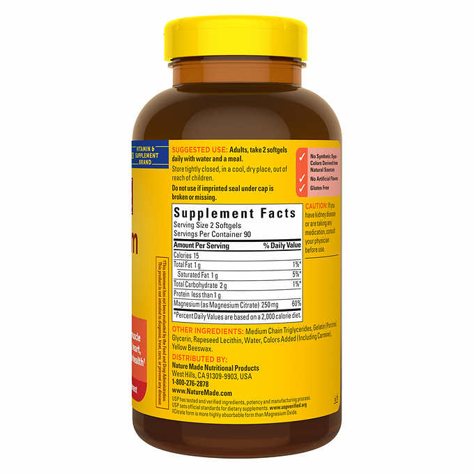 Nature Made Magnesium Citrate 250 mg., 180 Softgels 萊萃美 250 mg 檸檬酸鎂 180顆裝