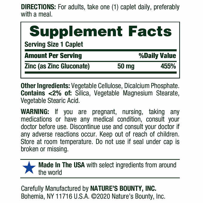 Nature's Bounty Zinc 50mg, 400 Caplets 自然之寶 鋅片50mg 400顆