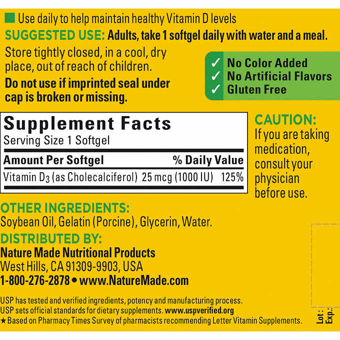 Nature Made Vitamin D3 25 mcg., 650 Softgels 萊萃美 維生素D3 1000IU 650粒
