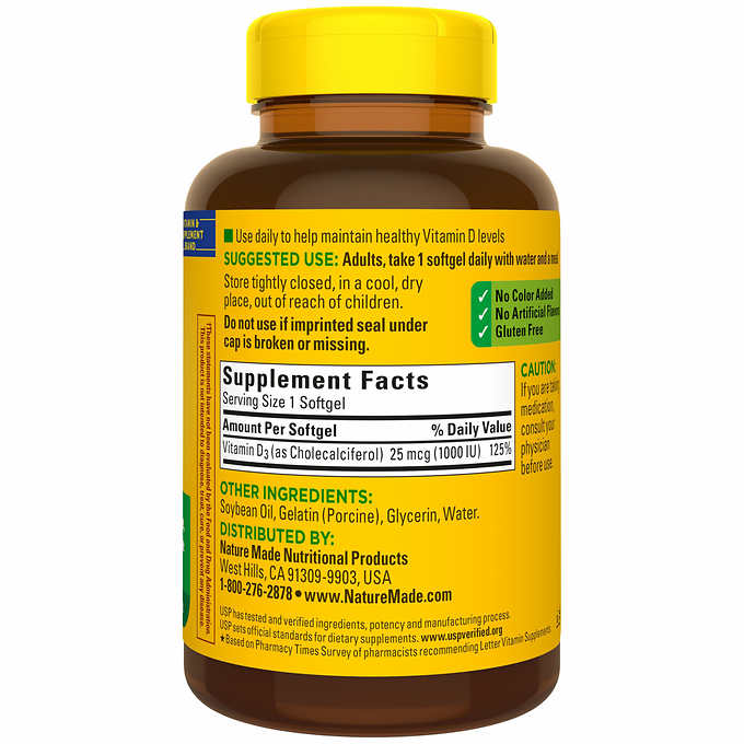 Nature Made Vitamin D3 25 mcg., 650 Softgels 萊萃美 維生素D3 1000IU 650粒