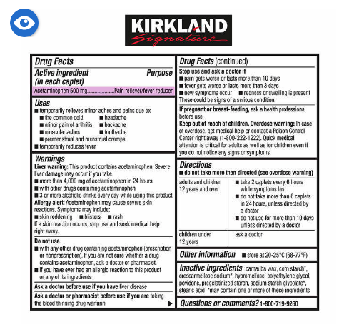 Kirkland Signature Extra Strength Acetaminophen 500 mg., 1,000 Caplets 科克蘭止痛退燒 500mg 1000碇