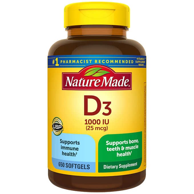 Nature Made Vitamin D3 25 mcg., 650 Softgels 萊萃美 維生素D3 1000IU 650粒