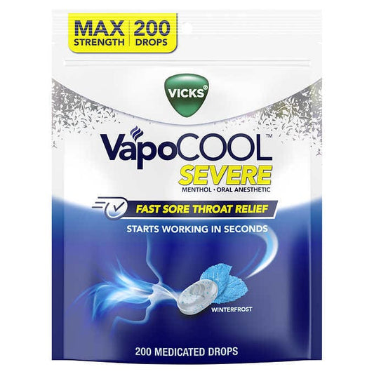 Vicks VapoCOOL WinterFrost Drops, 200 Drops Vicks 喉嚨痛舒緩症狀發泡碇