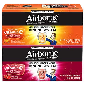 Airborne Immune Support, 36 Effervescent Tablets 艾維寶 Airborne 發泡錠 香橙/莓果口味 10錠/36錠一盒 紫錐菊 橘子 維他命 草莓
